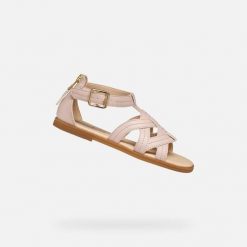 Sandały GEOX J5535G Rose. Czerwone sandały damskie Geox, bez wzorów, ze skóry, bez obcasa, bez zapięcia. Za 222.99 zł.