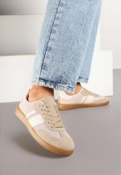 Ciemnobeżowe Sneakersy Tenisówki z Ozdobnymi Paskami Nelidi. Brązowe trampki i tenisówki damskie Born2be, bez wzorów, z jeansu, casualowe, bez zapięcia. Za 74.99 zł.