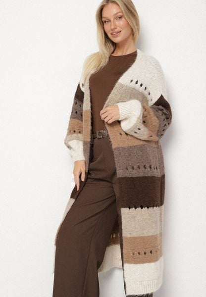 Beżowy Długi Kardigan Ażurowy w Paski z Domieszką Wełny i Wiskozy Ilomine. Brązowe kardigany damskie Born2be, uniwersalny, z aplikacjami, z dzianiny, długie. Za 179.99 zł.