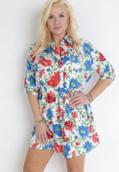Biała Koszulowa Sukienka Mini z Guzikami i Materiałowym Paskiem Raimeda. Białe sukienki damskie Born2be, na lato, l, bez wzorów, z materiału, bez kołnierzyka, plus size, bez ramiączek, mini, koszulowe. Za 34.99 zł.