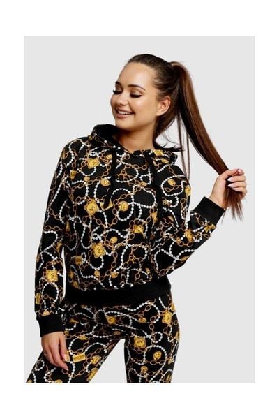 MOSCHINO Bluza damska z kapturem w złote łańcuchy, Rozmiar M. Czarne bluzy damskie MOSCHINO, m, bez wzorów, prążkowane, z kapturem. W wyprzedaży za 559.99 zł.
