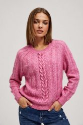 Sweter z ozdobnym splotem fuksjowy. Swetry damskie MOODO, l, bez wzorów, z poliesteru, bez kołnierzyka, bez ramiączek, bez kaptura. W wyprzedaży za 59.99 zł.