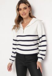 Biało-Granatowy Golf Sweter Zapinany na Suwak w Paski Sakine. Białe swetry damskie Born2be, m, bez wzorów, bez kołnierzyka, bez ramiączek, bez kaptura. Za 129.99 zł.