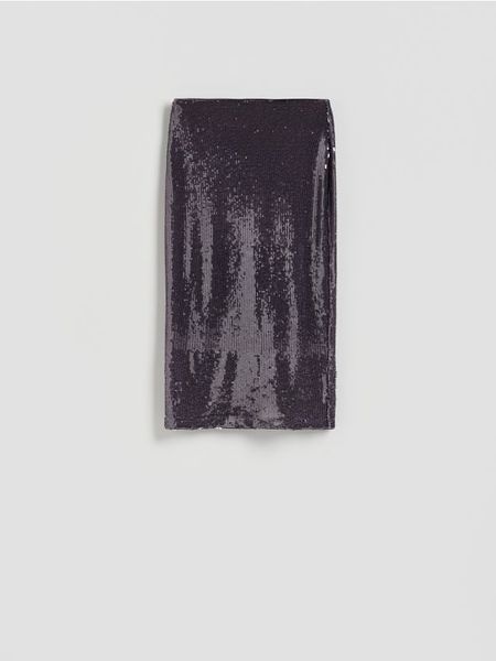Spódnica midi z cekinami - ciemnofioletowy. Fioletowe spódnice damskie Reserved, l, bez wzorów, z tkaniny, midi, dopasowane. Za 179.99 zł.