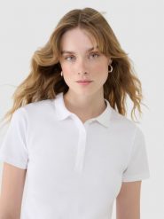 4F Koszulka polo slim damska - biała XS. Białe koszulki sportowe damskie 4f, xs, bez wzorów, z bawełny, bez kołnierzyka, bez ramiączek. Za 89.99 zł.