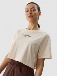 4F T-shirt crop top z nadrukiem damski - kremowy L. Brązowe koszulki sportowe damskie 4f, l, bez wzorów, z bawełny, bez kołnierzyka, bez ramiączek. W wyprzedaży za 39.99 zł.