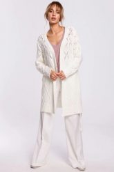 Długi kardigan ażurowy sweter z paskiem ecru. Białe kardigany damskie MOE, l, w ażurowe wzory, z dzianiny, biznesowe, długie. Za 249.00 zł.