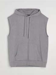 Bluza z kapturem bez rękawów z dzianiny terry - szary. Szare bluzy męskie Sinsay, l, bez wzorów, z dzianiny, z kapturem. Za 59.99 zł.