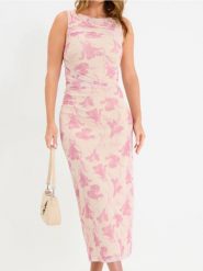 Sukienka maxi w kwiaty z marszczeniami - kremowy. Białe sukienki damskie Sinsay, l, bez wzorów, bez kołnierzyka, bez ramiączek, maxi. Za 39.99 zł.