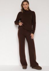 Brązowy Dzianinowy Komplet z Bawełną i Wełną Długi Sweter i Szerokie Spodnie Reinesa. Brązowe spodnie materiałowe damskie Born2be, l, bez wzorów, z bawełny. Za 129.99 zł.