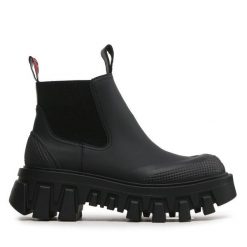 Sztyblety Tommy Jeans. Czarne botki damskie Tommy Jeans, z jeansu, bez obcasa, na płaskiej podeszwie, bez zapięcia. Za 479.99 zł.
