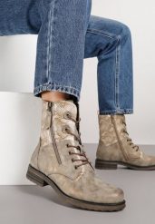 Ciemnobeżowe Botki w Stylu Workerów z Ozdobnym Suwakiem i Wężową Wstawką Vemalora. Brązowe botki damskie Renee, z jeansu, eleganckie, bez obcasa, na płaskiej podeszwie, bez zapięcia. Za 94.99 zł.