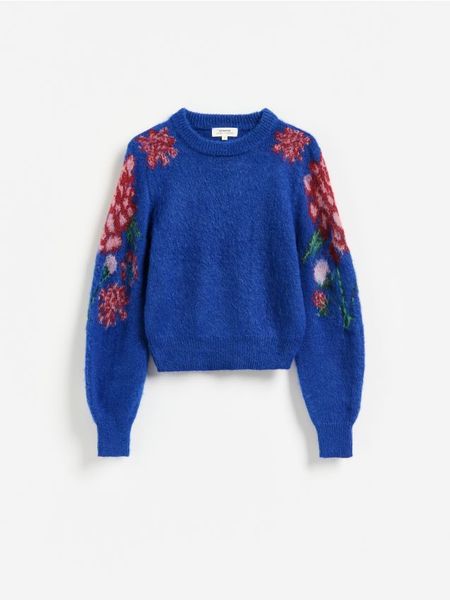 Sweter z żakardowym wzorem - niebieski. Niebieskie swetry damskie Reserved, l, bez wzorów, z dzianiny, bez kołnierzyka, bez ramiączek, bez kaptura. Za 149.99 zł.