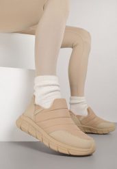 Ciemnobeżowe Sneakersy Śniegowce na Platformie z Tłoczeniem i Pikowaną Cholewką Vermina. Brązowe śniegowce i trapery damskie Renee, z dresówki. Za 79.99 zł.