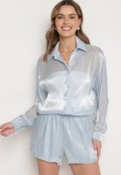 Niebieski Komplet z Wiskozy z Bawełną Koszula i Szorty Luniora. Niebieskie koszule damskie Born2be, m, bez wzorów, z bawełny, eleganckie. Za 159.99 zł.