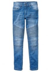 Dżinsy o kroju skinny, ze stretchem, regulowanym paskiem, straight. Niebieskie jeansy dla chłopców bonprix, z jeansu. Za 129.99 zł.
