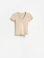 T-shirt z bawełną - beżowy. Brązowe t-shirty damskie Reserved, l, bez wzorów, z bawełny, bez kołnierzyka. Za 49.99 zł.