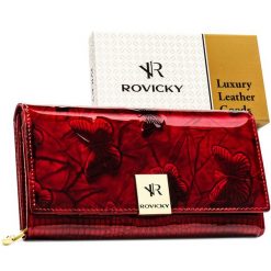 Lakierowany, czerwony portfel damski ze skóry naturalnej, zamykany zatrzaskiem Rovicky RH-20A-1-DBF. Czerwone portfele damskie ROVICKY, bez wzorów, z lakierowanej skóry. Za 89.99 zł.
