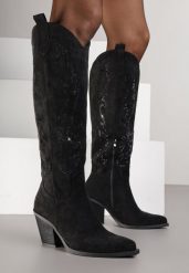 Czarne Kozaki Kowbojki na Stożkowym Obcasie Zdobione Cyrkoniami Nalera. Czarne kozaki damskie Renee, z jeansu, bez obcasa, na obcasie. Za 179.99 zł.