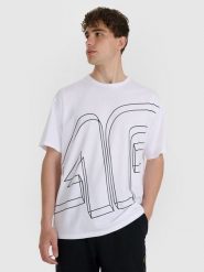 4F T-shirt oversize z nadrukiem męski - biały XS. Białe t-shirty męskie 4f, m, bez wzorów, z bawełny, bez kołnierzyka. W wyprzedaży za 59.99 zł.