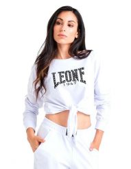 Luksusowa damska bluza wiązana z okrągłym dekoltem. Białe bluzy sportowe damskie LEONE 1947 APPAREL, l, z aplikacjami, z bawełny, z kapturem, na fitness i siłownię. Za 84.16 zł.