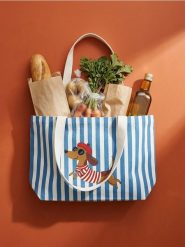 Torba shopper na ramię w paski z motywem jamnika - granatowy. Niebieskie torby i plecaki dziecięce Sinsay. Za 25.99 zł.