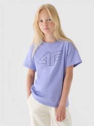 4F T-shirt z nadrukiem dziewczęcy - niebieski 128 (7-8 lat). Niebieskie t-shirty i topy dla dziewczynek 4f, bez wzorów, z bawełny, bez ramiączek. W wyprzedaży za 19.99 zł.