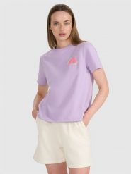 4F T-shirt oversize z nadrukiem damski - fioletowy XS. Fioletowe koszulki sportowe damskie 4f, xl, bez wzorów, z bawełny, bez kołnierzyka, bez ramiączek. W wyprzedaży za 39.99 zł.