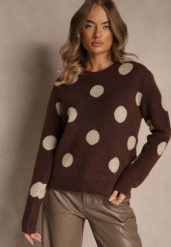 Brązowy Sweter z Wełną o Prostym Kroju w Grochy Fenilevia. Brązowe swetry damskie Renee, bez wzorów, z jeansu, casualowe, bez kołnierzyka, bez ramiączek, długie, bez kaptura. Za 149.99 zł.