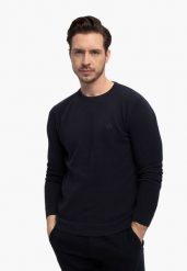 Bawełniany sweter S-MIKO. Niebieskie swetry przez głowę męskie Volcano, l, bez wzorów, z bawełny, bez kołnierzyka. Za 149.99 zł.