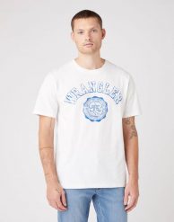 WRANGLER COLLEGIATE TEE MĘSKI T-SHIRT KOSZULKA LOGO NADRUK OFF WHITE W7E0EJ737 112146306. Białe t-shirty męskie Wrangler, m, bez wzorów, bez kołnierzyka. Za 99.99 zł.