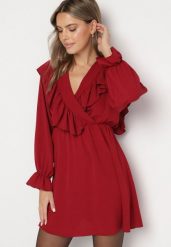Bordowa Rozkloszowana Sukienka o Kopertowym Kroju z Falbankami Celonara. Czerwone sukienki dla dziewczynek Born2be, bez wzorów, eleganckie, bez ramiączek. Za 69.99 zł.