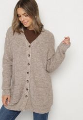 Brązowy Kardigan z Domieszką Wełny ze Wsuwanymi Kieszeniami Esaiana. Brązowe kardigany damskie Born2be, plus size, bez wzorów, z dzianiny, biznesowe. Za 129.99 zł.