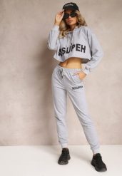 Szary 3-częściowy Komplet z Topem Bluzą i Spodniami Dresowymi Klomenna. Szare bluzy damskie Renee, l, bez wzorów, z dresówki, bez kaptura. Za 139.99 zł.