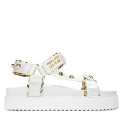 Sandały Versace Jeans Couture. Białe sandały damskie Versace Jeans Couture, bez wzorów, z jeansu, bez obcasa, na płaskiej podeszwie, bez zapięcia. Za 669.99 zł.
