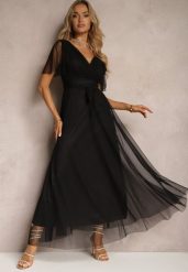 Czarna Siateczkowa Sukienka z Kopertowym Dekoltem Wiązana w Talii Niblea. Czarne sukienki damskie Renee, na co dzień, m, bez wzorów, eleganckie, bez kołnierzyka, bez ramiączek, maxi, kopertowe. Za 89.99 zł.