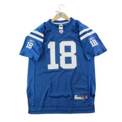 Second life - Koszulka męska NFL Indianapolis Colts 18 Reebok - Jak nowy. Niebieskie koszulki sportowe męskie Reebok, m, bez wzorów, z jeansu, bez kołnierzyka, bez ramiączek, do piłki nożnej. Za 106.46 zł.