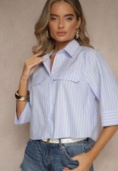 Niebieska Koszula z Bawełny o Krótkim Kroju Tilossa. Niebieskie bluzki damskie Renee, l, bez wzorów, z bawełny, eleganckie, bez kołnierzyka, bez ramiączek. Za 74.99 zł.