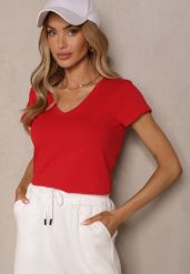 Czerwony Bawełniany T-shirt z Trójkątnym Dekoltem Linalitia. Czerwone bluzki damskie Renee, l, bez wzorów, z bawełny, bez kołnierzyka. Za 44.99 zł.