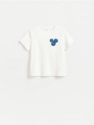 T-shirt z aplikacją - biały. Białe t-shirty damskie Reserved, l, z aplikacjami, z bawełny, klasyczne, bez kołnierzyka. Za 79.99 zł.