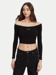 Guess Bluzka V5YP07 K8RT2 Czarny Regular Fit. Czarne bluzki damskie Guess, s, z aplikacjami, z wiskozy, bez kołnierzyka, bez ramiączek. Za 119.99 zł.