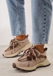 Beżowe Zamszowe Sneakersy w Stylu Chunky z Podwójnym Wiązaniem i Perforacją Kildei. Brązowe obuwie sportowe damskie Renee, bez wzorów, z jeansu. Za 249.99 zł.