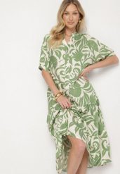 Zielona Wiskozowa Rozkloszowana Sukienka z Falbaną Filindania. Zielone sukienki damskie Born2be, na co dzień, l, bez wzorów, z wiskozy, eleganckie, bez kołnierzyka, bez ramiączek, midi, rozkloszowane. Za 79.99 zł.