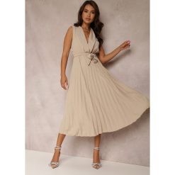 Beżowa Sukienka Volantis. Brązowe sukienki damskie Renee, na wesele, bez wzorów, eleganckie, bez kołnierzyka, bez ramiączek, maxi, kopertowe. Za 74.99 zł.