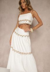 Biały Komplet z Bawełny Top i Spódnica z Koralikami Cekinami i Muszelkami Sarilisse. Białe spódnice damskie Renee, na lato, m, bez wzorów, z bawełny, eleganckie. Za 169.99 zł.
