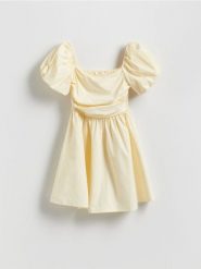 Sukienka mini - jasnożółty. Żółte sukienki damskie Reserved, l, bez wzorów, z tkaniny, bez kołnierzyka, bez ramiączek, mini. Za 129.99 zł.