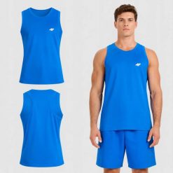 KOSZULKA MĘSKA 4F T-SHIRT BEZ RĘKAWÓW NA RAMIĄCZKA XXL M227 SS26. Niebieskie koszulki sportowe męskie 4f, m, bez wzorów, z bawełny, bez kołnierzyka, bez ramiączek, na fitness i siłownię. Za 34.06 zł.