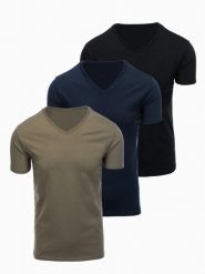 Zestaw męskich bawełnianych t-shirtów V-neck BASIC – czarny/granatowy/ciemnooliwkowy V7 - Rozmiar: L. Niebieskie t-shirty męskie Ombre Clothing, l, bez wzorów, z bawełny, biznesowe, bez kołnierzyka. Za 169.99 zł.