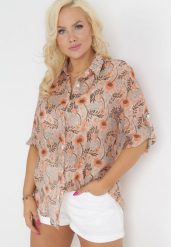 Pomarańczowo-Beżowa Koszula w Kwiaty z Podpinanymi Rękawami 3/4 Rosedris. Brązowe bluzki damskie Born2be, l, bez wzorów, bez kołnierzyka, bez ramiączek. Za 54.99 zł.
