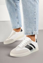 Biało-Czarne Sneakersy Tenisówki z Geometrycznym Wzorem Eleamila. Białe trampki i tenisówki damskie Born2be, z aplikacjami, z jeansu, eleganckie, bez zapięcia. Za 89.99 zł.